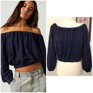 We‎ The Free Parfait Bubble Top Navy Blue Off Shoulder Blouse Peasant Boho Small